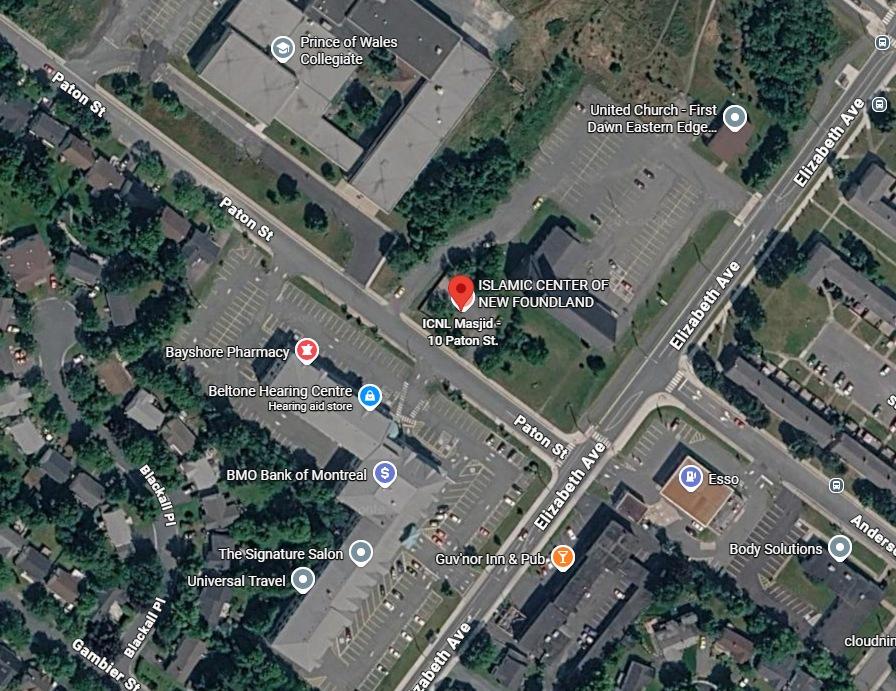 Satellite map around 10 Paton Street, St. John's, with the ICNL mussalah outlined in white.